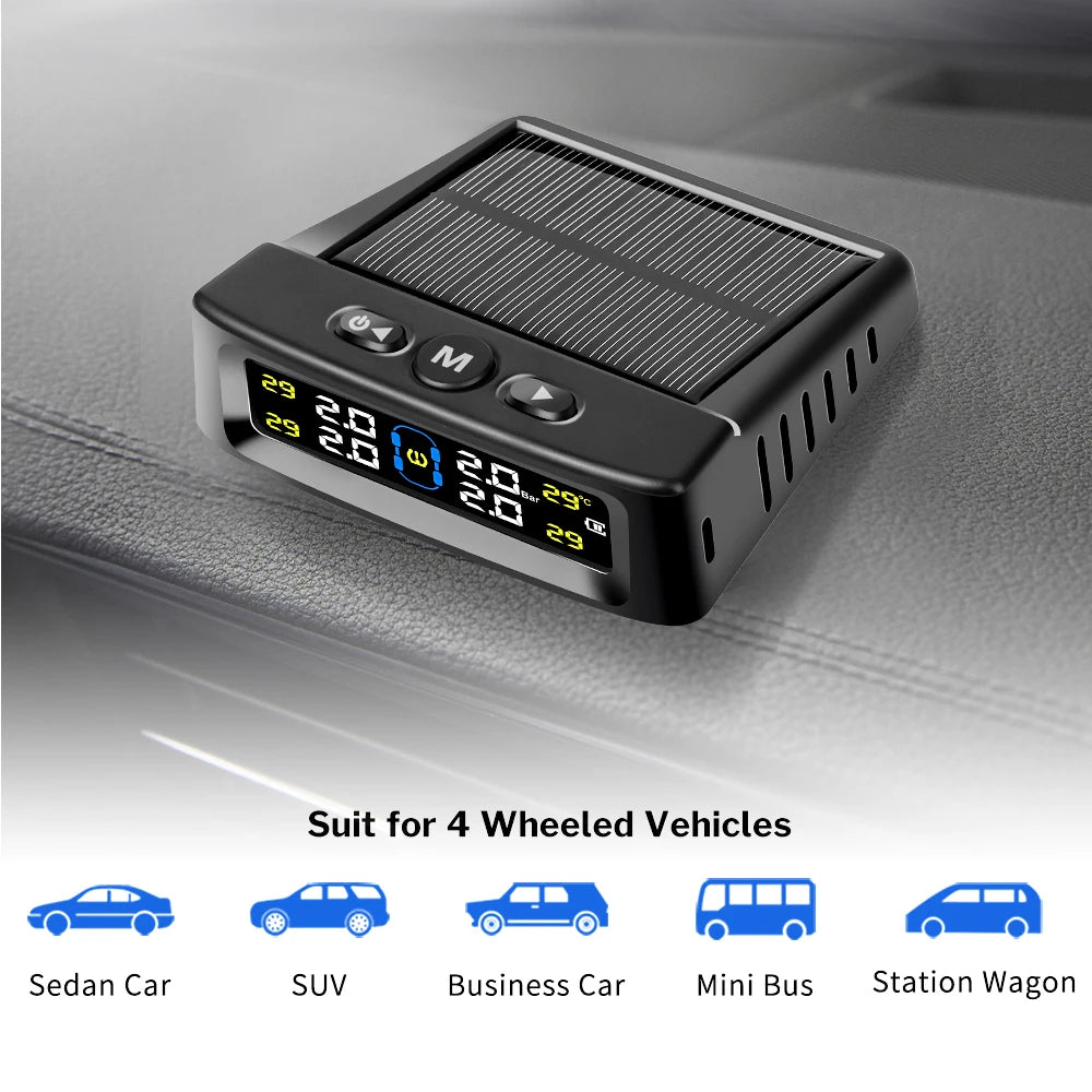 Solar Powered Tire Pressure Monitoring System Car TPMS Tyre Temperature Monitor Auto Security Alarm Systems LCD Display