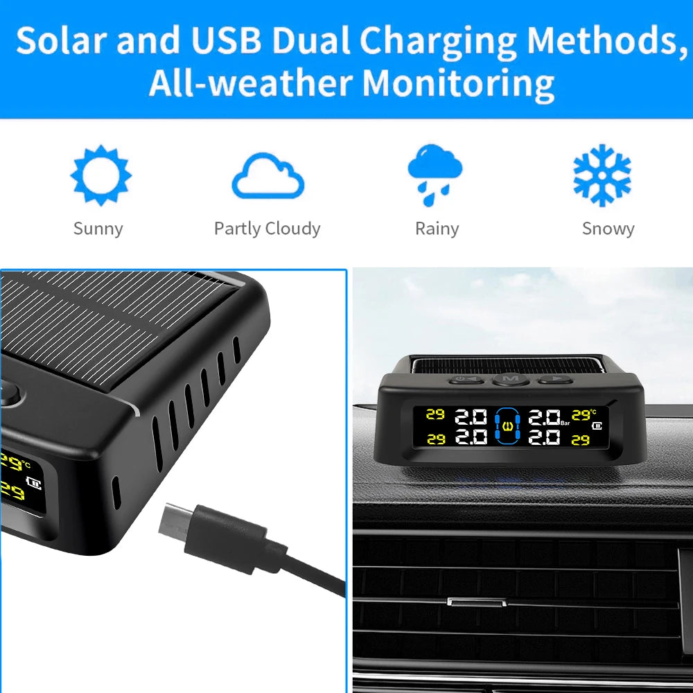Solar Powered Tire Pressure Monitoring System Car TPMS Tyre Temperature Monitor Auto Security Alarm Systems LCD Display