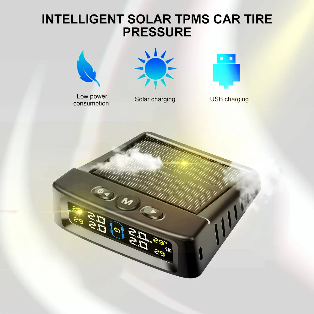 Solar Powered Tire Pressure Monitoring System Car TPMS Tyre Temperature Monitor Auto Security Alarm Systems LCD Display
