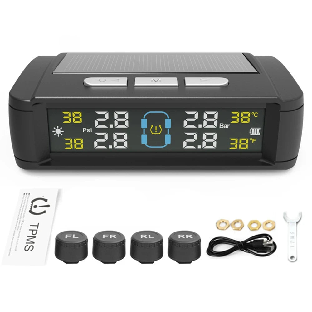 Solar Powered Tire Pressure Monitoring System Car TPMS Tyre Temperature Monitor Auto Security Alarm Systems LCD Display