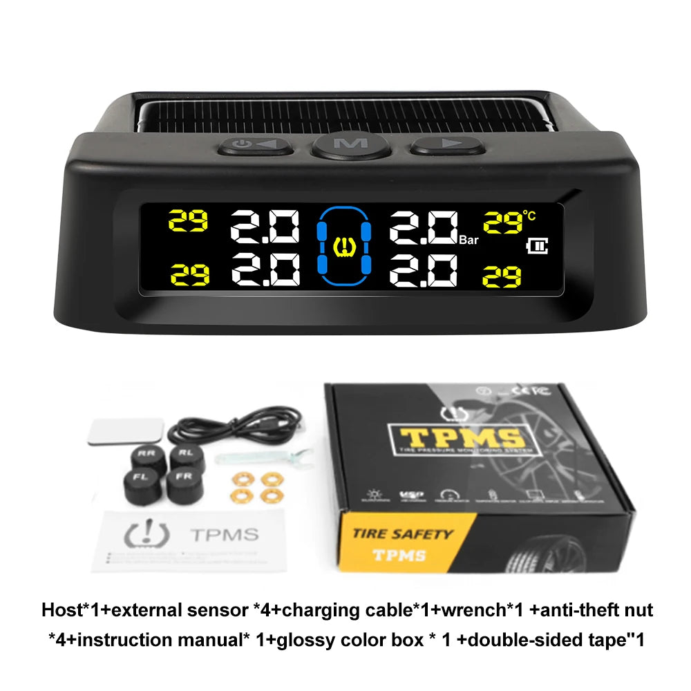 Solar Powered Tire Pressure Monitoring System Car TPMS Tyre Temperature Monitor Auto Security Alarm Systems LCD Display