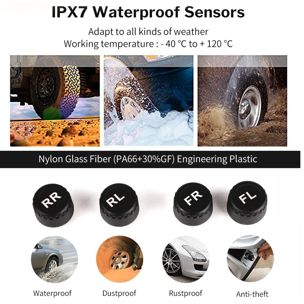 Solar Powered Tire Pressure Monitoring System Car TPMS Tyre Temperature Monitor Auto Security Alarm Systems LCD Display