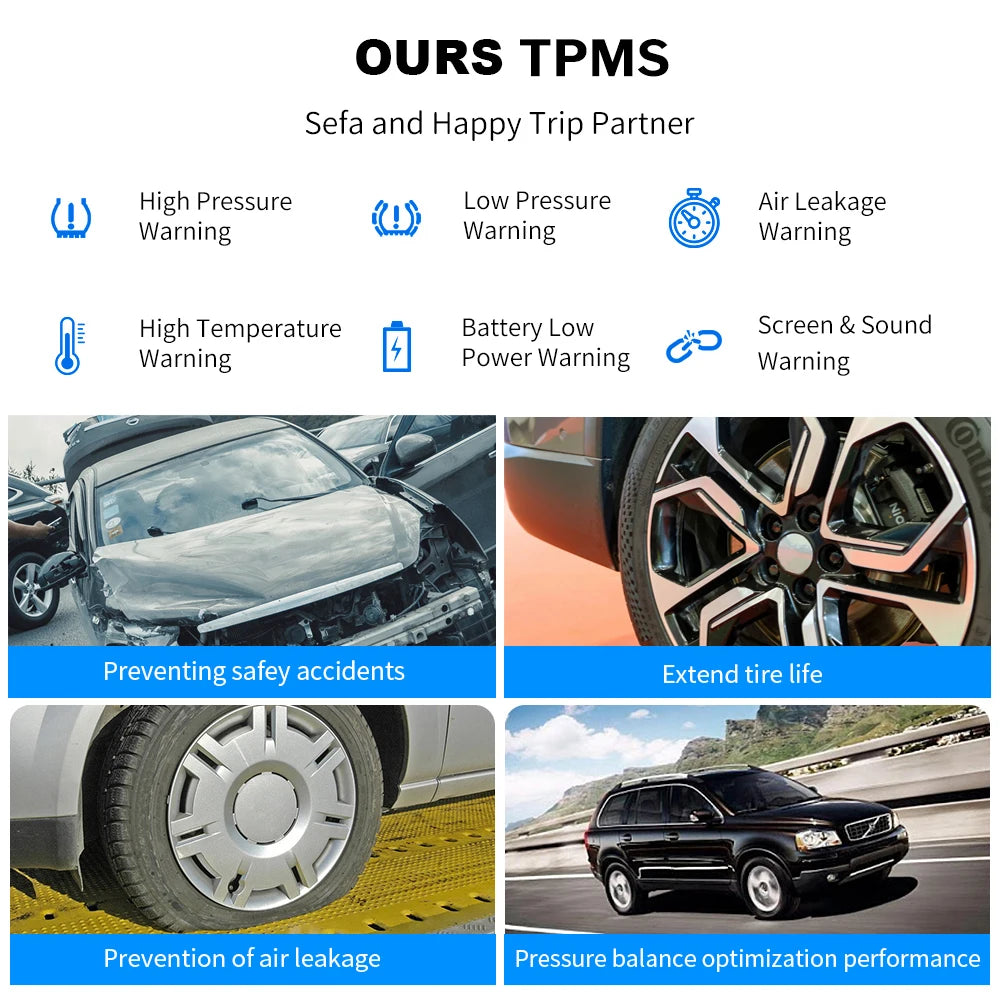 Solar Powered Tire Pressure Monitoring System Car TPMS Tyre Temperature Monitor Auto Security Alarm Systems LCD Display
