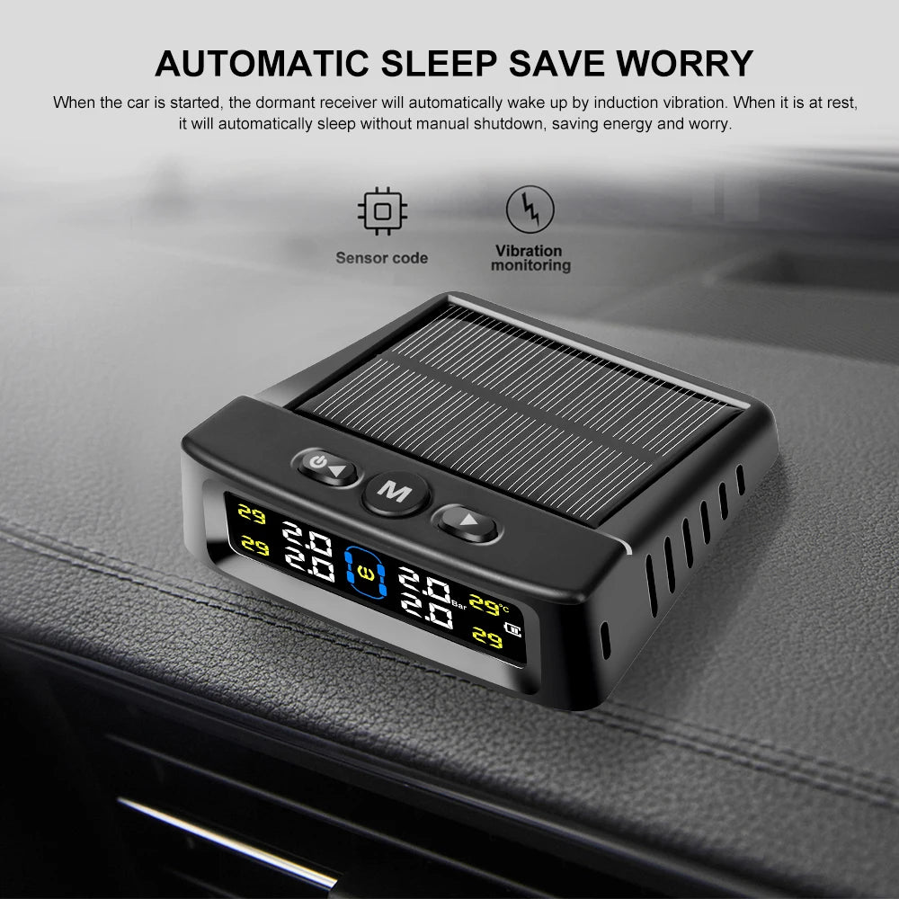 Solar Powered Tire Pressure Monitoring System Car TPMS Tyre Temperature Monitor Auto Security Alarm Systems LCD Display