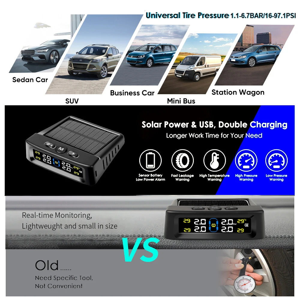 Solar Powered Tire Pressure Monitoring System Car TPMS Tyre Temperature Monitor Auto Security Alarm Systems LCD Display