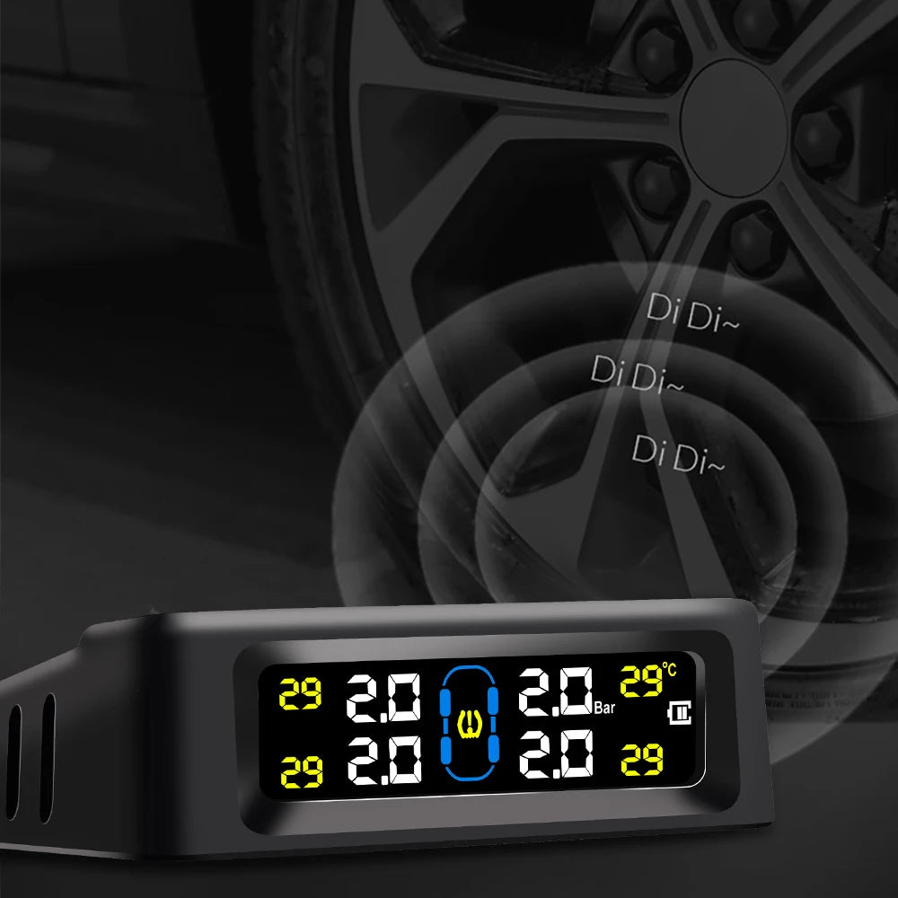 Solar Powered Tire Pressure Monitoring System Car TPMS Tyre Temperature Monitor Auto Security Alarm Systems LCD Display